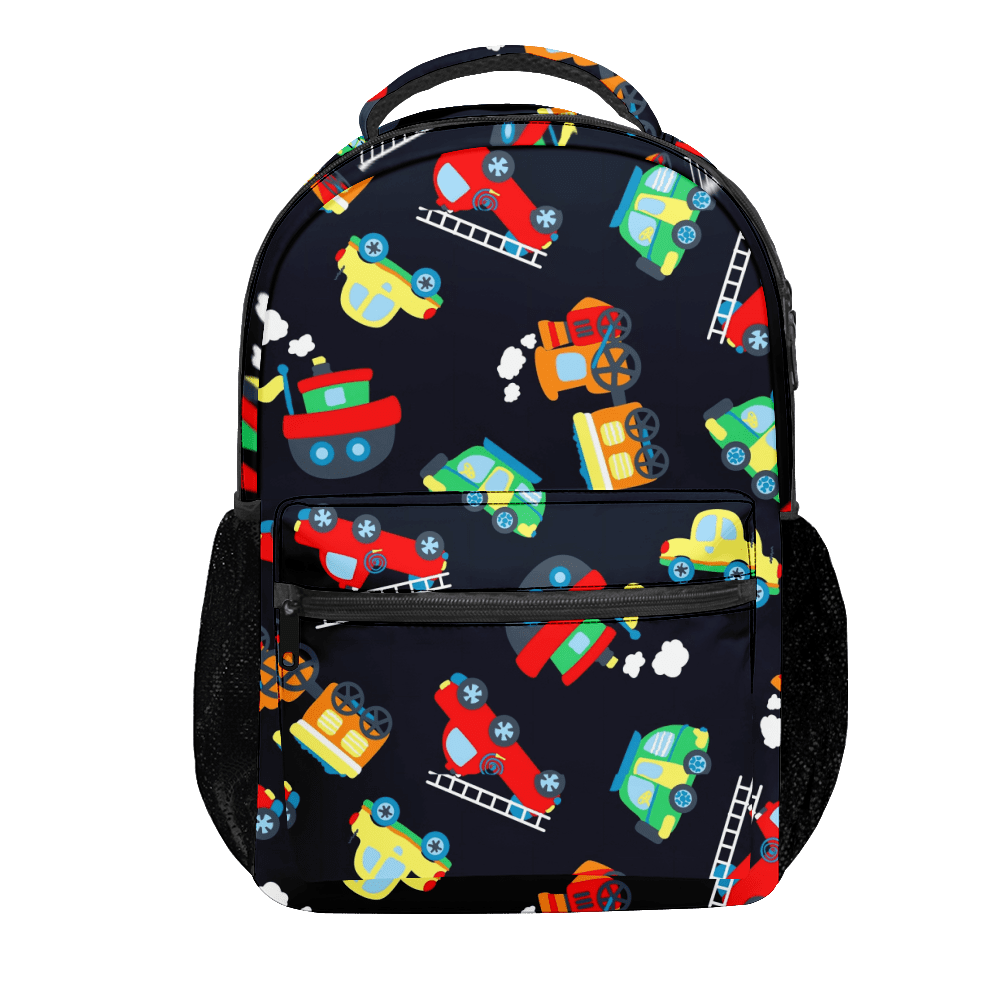 Cartoon Car Printed Backpack Water Resistant Kids School Bag For Teens Students
