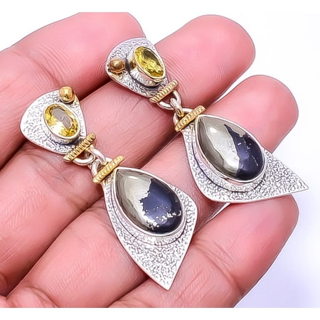 Healer'S Gold Pyrite In Magnetite - Usa 925 Sterling Silver Earring 1.75" E4, Gemstone Silver Jewelry, New Year Sale, Valentin's Day Gift