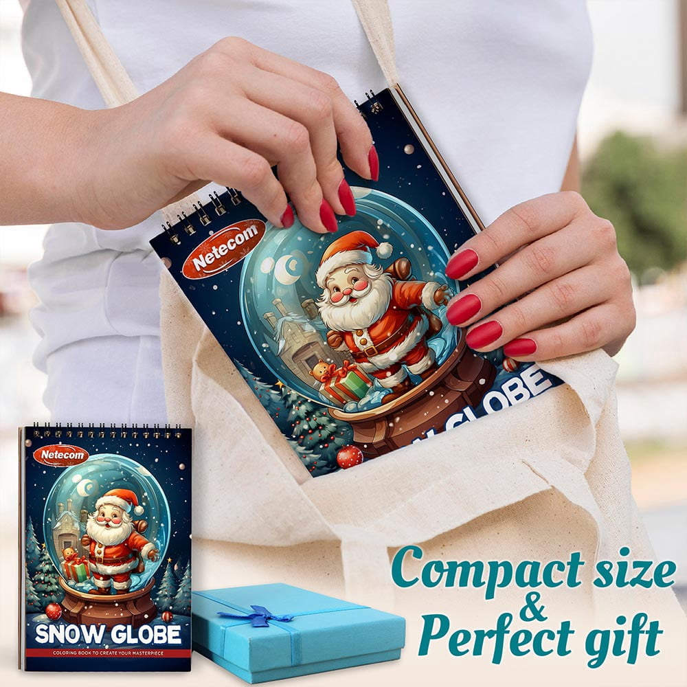 Netecom Snow Globe Coloring Book Spiral Bound for Adults, A5 Wooden Cover, 30 Magical Coloring Pages of Enchanted Winter Scenes for Stress Relief and Relaxation
