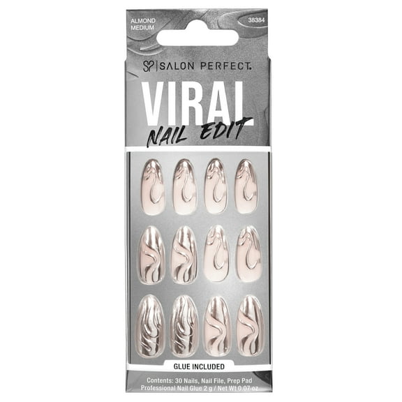 Salon Perfect Artificial Fake Press On Nails, 355 Viral Nail Edit, Silver Chrome Swirl, Medium Almond, File, Glue, and Prep Pad Included, 30 Nails