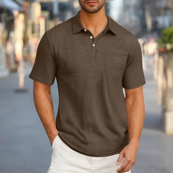 Summer!Blczomt Mens Shirt Work Plain Business Polo Shirts Brown with Pocket Button Short Sleeve Collared Mens Clothes