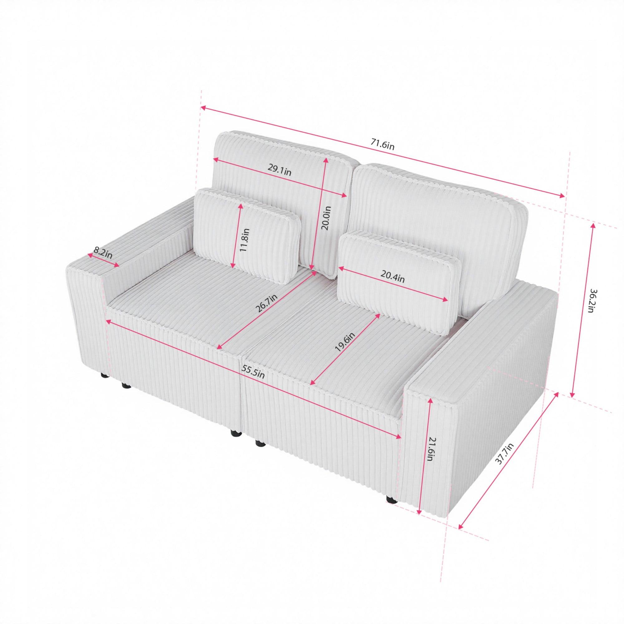 BSHTI Classic Corded Comfort Sofa with Pillows, Double-seater sofa, Corduroy Upholstery, removable back cushions, Easy to assemble, Beige