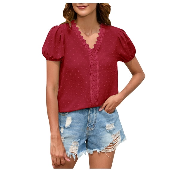 Besolor Cute Tops for Women Lace Trim V Neck Tees Shirts Puff Short Sleeve Solid Color Office Blouses Summer T Shirts