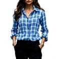 thumbnail image 2 of FDGIU Women's Plaid Button Down Shirt, Lapel Long Sleeve Loose Fit Collared Blouse Casual Tops for Office Daily Travel Outfits, 2 of 7