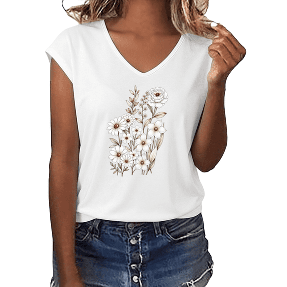 UNISHE Women's White Wildflower Bouquet Graphic V-Neck Short Sleeve T-Shirt Casual Botanical Tee