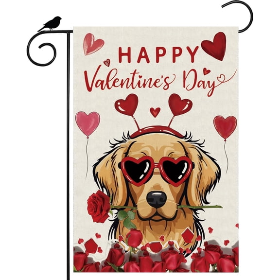 Happy Valentines Day Romantic Roses Love Hearts Balloon Dog Garden Flag Yard Flag 12.5x18 Inch Double Sided Small Mini Yard Outdoor Outside Holiday Decoration