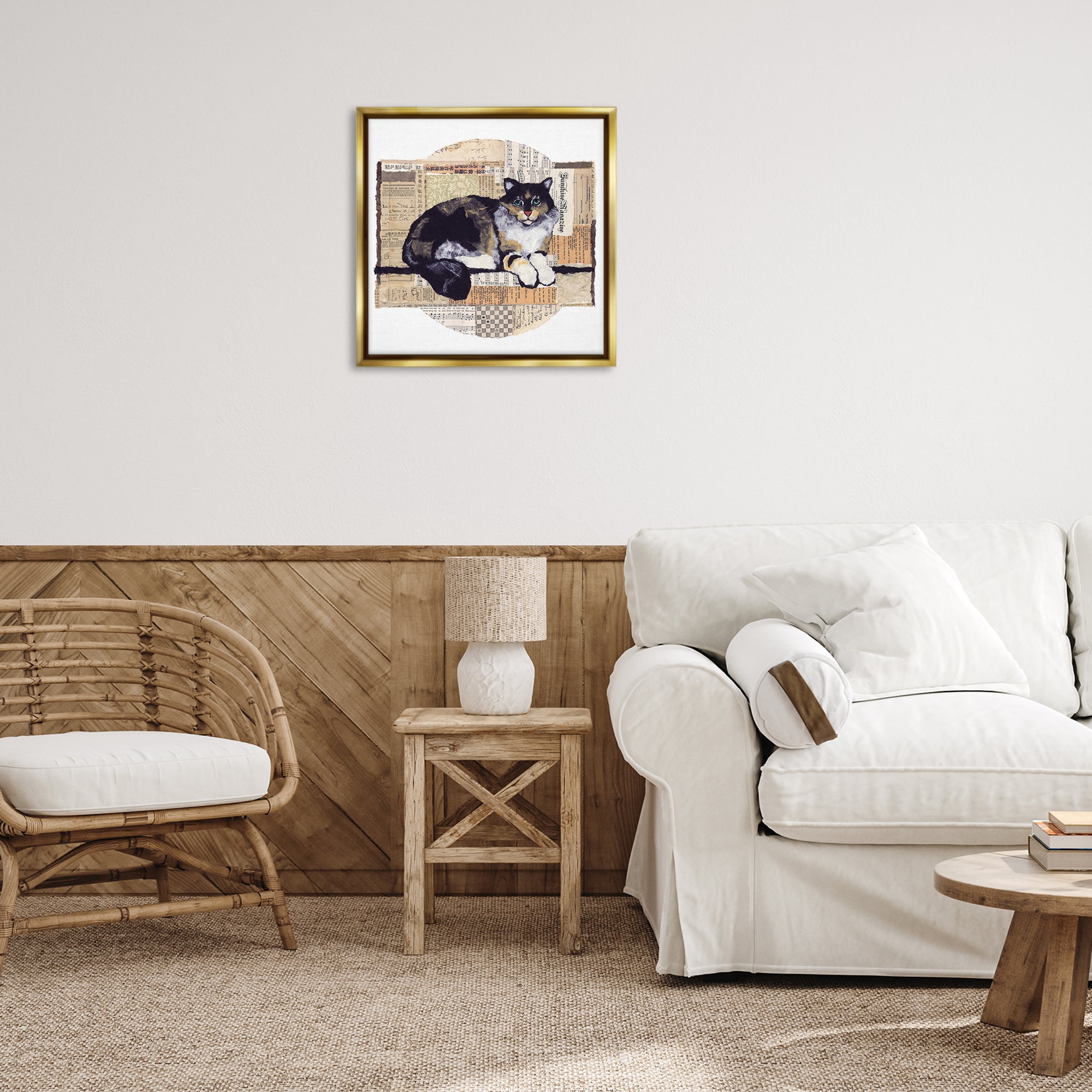 Stupell Industries Cat with Vintage Collage Animals & Insects Painting Gold Floater Framed Canvas Art Print Wall Art, 25 x 25