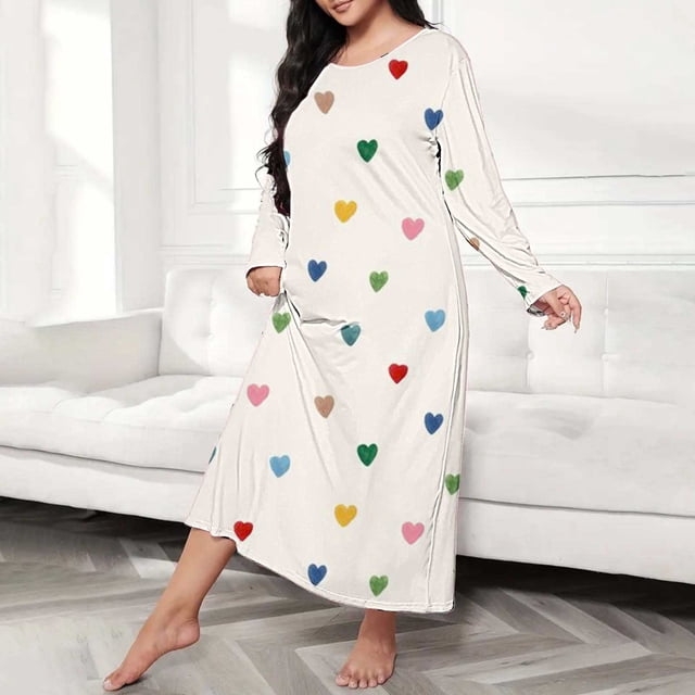 Kelon Nuisettes et Chemises de Nuit pour Femmes Liquidation Robes en Polyester Spandex pour Femmes Grande Taille Robe de Nuit Décontractée Robe de Sommeil pour Femmes Grande Taille Imprimé Cœur Manches Longues Col Rond Extensibilité Moyenne Nuisette Ample