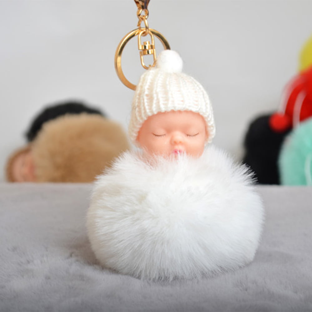 Fluffy PomPom Keychain Pendent Cute Sleeping Baby Doll Bowknot Key Chains Keyrings Bags Charm Pendant 