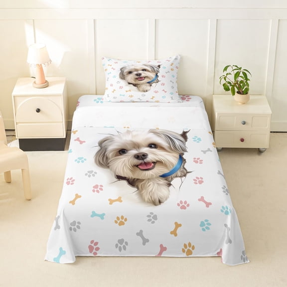 Homewish Cute Maltese Dog Twin Sheets,Kawaii Paw Print Bedding,White,3 Pieces,1 Fitted Sheet and 1 Pillowcase
