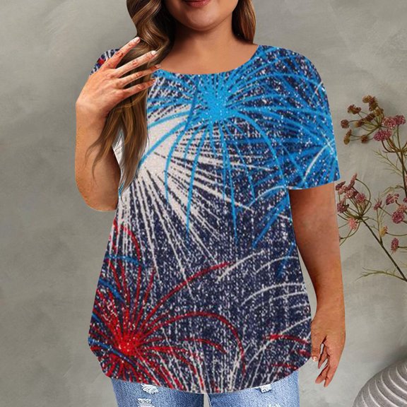 Usmixi Shirts for Women Independence Day Casual Plus Size Patriotic Tunic Tee Tops Summer Trendy USA Flag Print Short Sleeve Round Neck Ladies Blouses Blue XXXXL