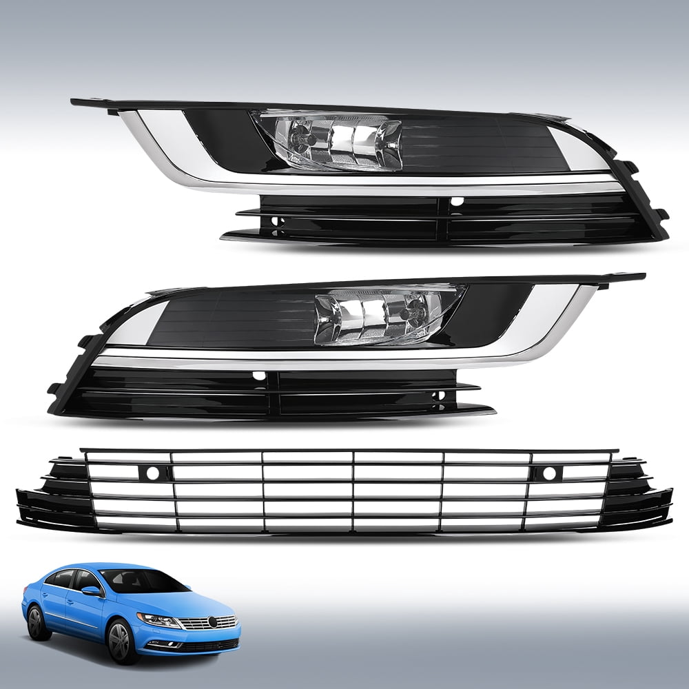 Front Bumper Grille Fog Lights Assembly Set Pair Fit For 2013-2017 Volkswagen CC