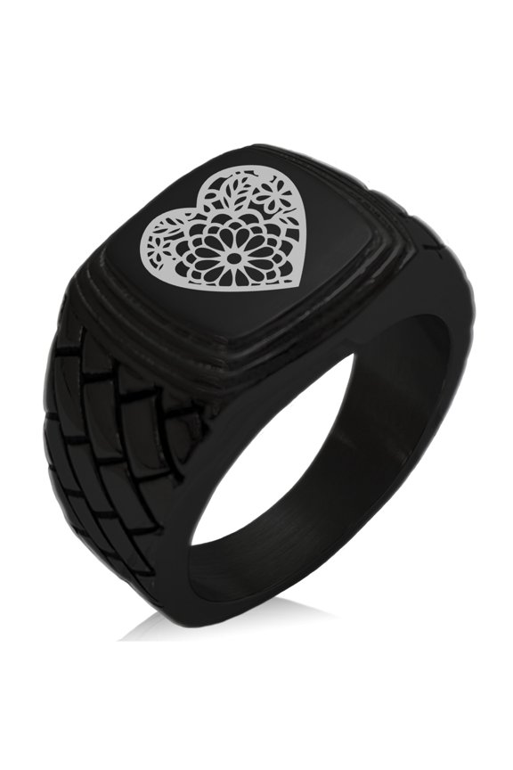 Stainless Steel Floral Lotus Heart Geometric Pattern Step-Down Biker Style Polished Ring