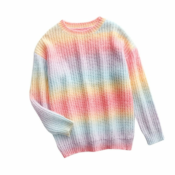 Duoif Sweaters for Women Trendy Ladies Crew Neck Long Sleeve Knit Rainbow Sweater Fashion Loose Tops Women's Sweaters Womens Tops Pink XL