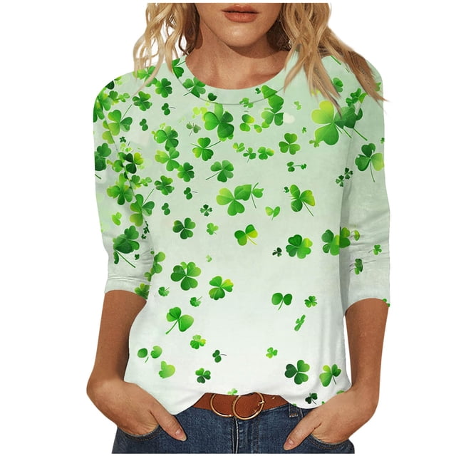 FAIWAD Chandails de la Saint-Patrick pour Femmes Grande Taille Manches 3/4 Imprimé Trèfle Chandail Tendance Col Rond Quotidien