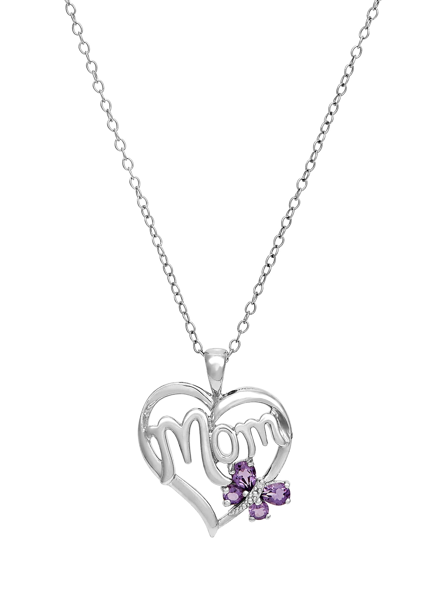 Brilliance Fine Jewelry Purple Amethyst Diamond Mom Heart Pendant in Sterling Silver,18"