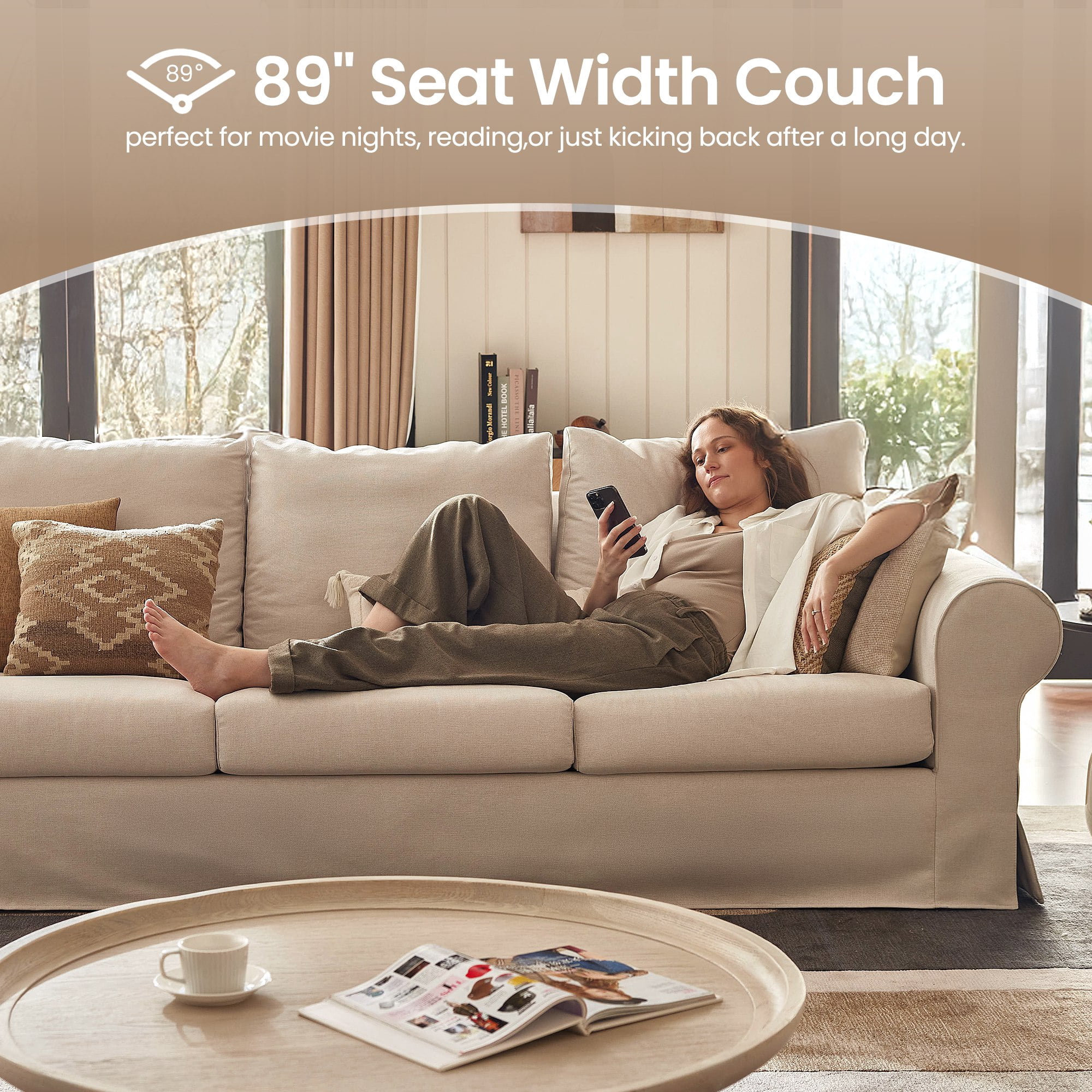 Vorthio 3-Seater Sofas, 89"Washable Slipcover Couch, Classic Sofa with Roll Arm for Living Room, Beige