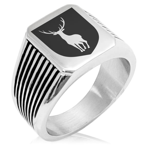Stainless Steel Stag Purity Coat of Arms Shield Needle Stripe Pattern Biker Style Polished Ring