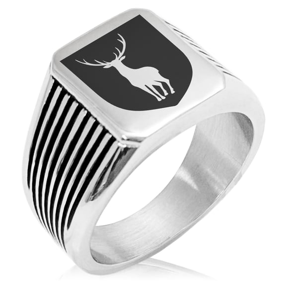 Stainless Steel Stag Purity Coat of Arms Shield Needle Stripe Pattern Biker Style Polished Ring