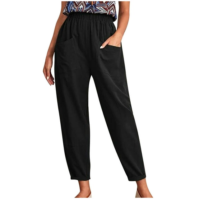 Pantalones Recortados de Lino Y Algodón Con Pierna Recta de Color Puro Informales Con Cintura Elástica A La Moda Para Mujer Odeerbi ODB-6