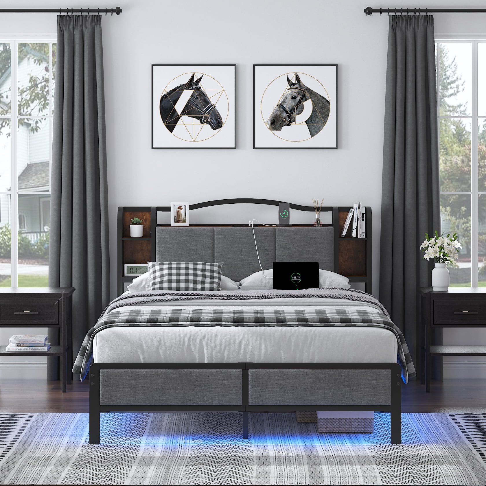 WANTAI Queen Upholstered Platform Bed Frame with LED Lights and Charging Station