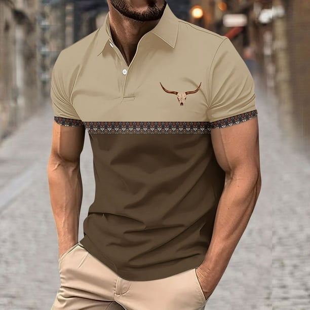 Blusa y camisa de manga corta con cuello vuelto para hombre, blusa de manga corta con solapa y botones estampados, blusa de poliéster para hombre