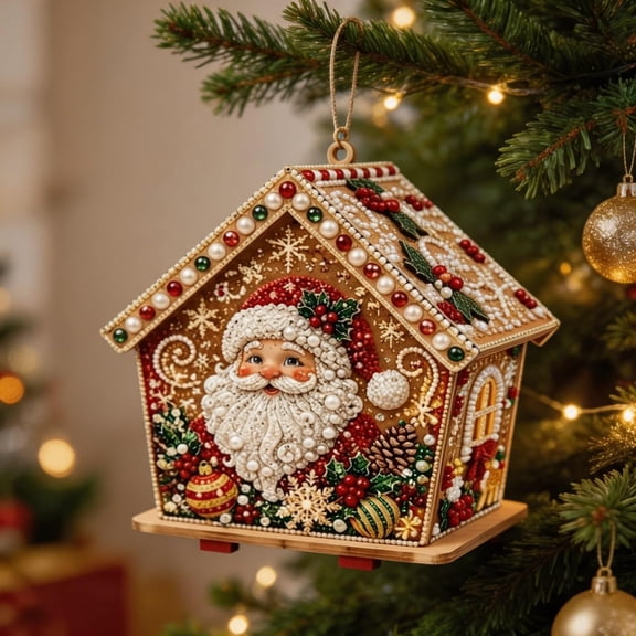 3D Wooden House Christmas Pearl Diamond Art Kit, Christmas Diamond Painting Kits for Adults, DIY Diamond Rhinestones Painting Kits, Handmade Home Decoration Gift(F)