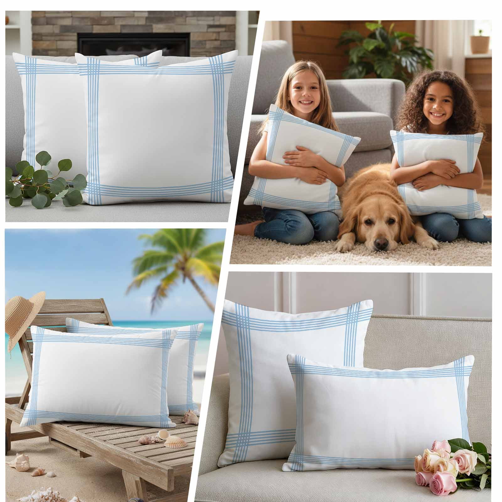 Blue Striped Outdoor Waterproof Pillow Covers, Geometric Minimalist Watercolor White Decorative Square Throw Pillowcase Sofa Cushion Sham for Patio/Couch/Chair, 18"x18" 2 Pack