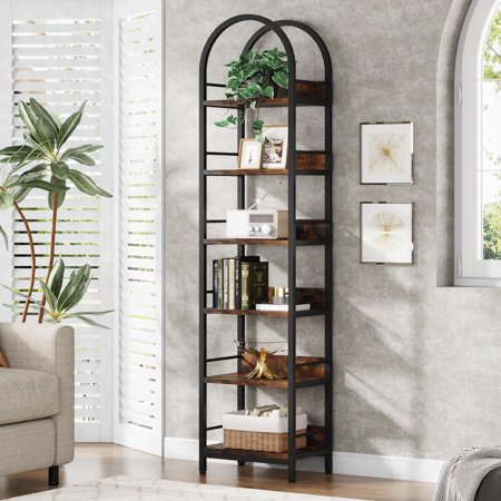 Tribesigns 6-Tier Open Bookshelf 78.7 Tall Arched Bookcase Narrow Bookshelf with Metal Frame Freestanding Corner Bookcase Display Shelves for Living Room Home Office Rustic Brown