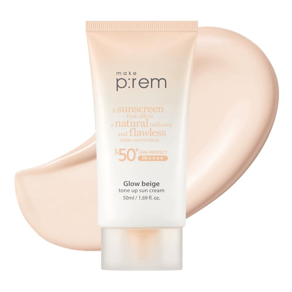 MAKE P:REM Glow Beige Tone Up Protector solar Sin base Protector solar mineral Corrección del tono de la piel Protector solar coreano ligero Cuidado de la piel coreano SPF 50 1.69 fl. Onz. 50ml