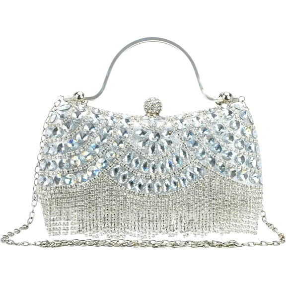 Rhinestone Clutch Purses for Women, Sparkly Formal Evening Diamond Handbags with Crystal Tassel Chain, Silver Designer Crossbody Bag for Wedding Cocktail Party Prom