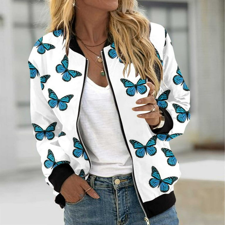 VSSSJ Zip Up Jackets for Women Casual Dressy Butterfly Print Bomber Jackets Outerwear Fall Winter Lightweight Loose Stand Collar Long Sleeve Coats Blue02 S Walmart