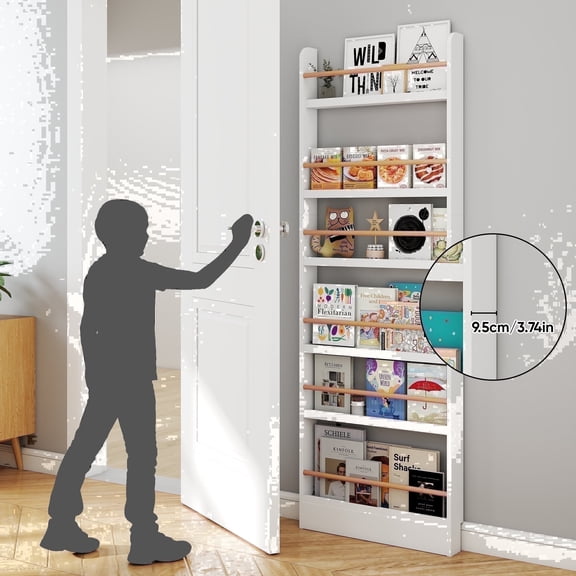 VGBYUJ Behind The Door Bookshelf, 6 Tier Slim Bookcase for Narrow Space, Space-Saving Wall Mount Narrow BookShelf for Bedroom Living Room Kitchen, White