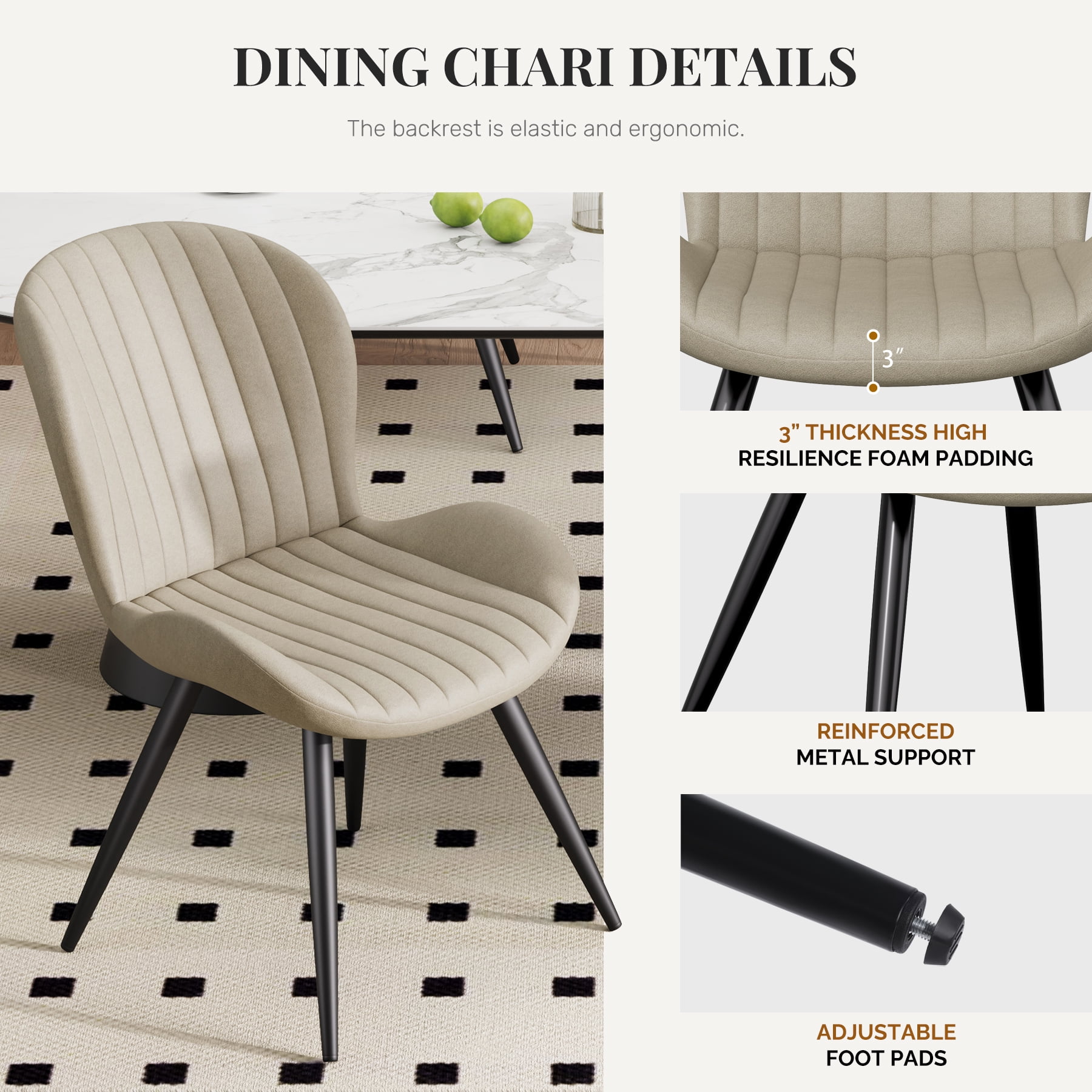 MOONMISS Dining Chairs Set of 2, Upholstered Kitchen Chairs with Backrest and Metal Legs,Beige