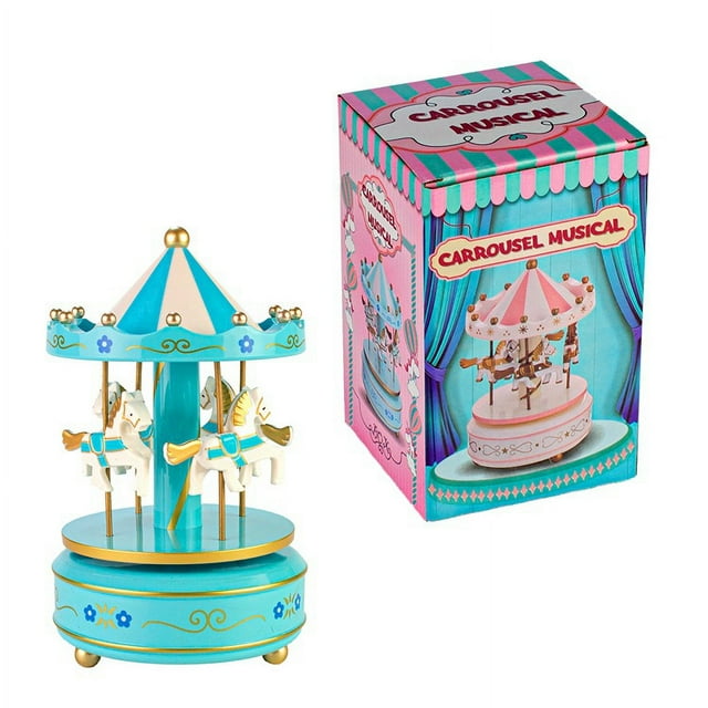 Caja de música Carrusel de resina azul con caballos, función musical