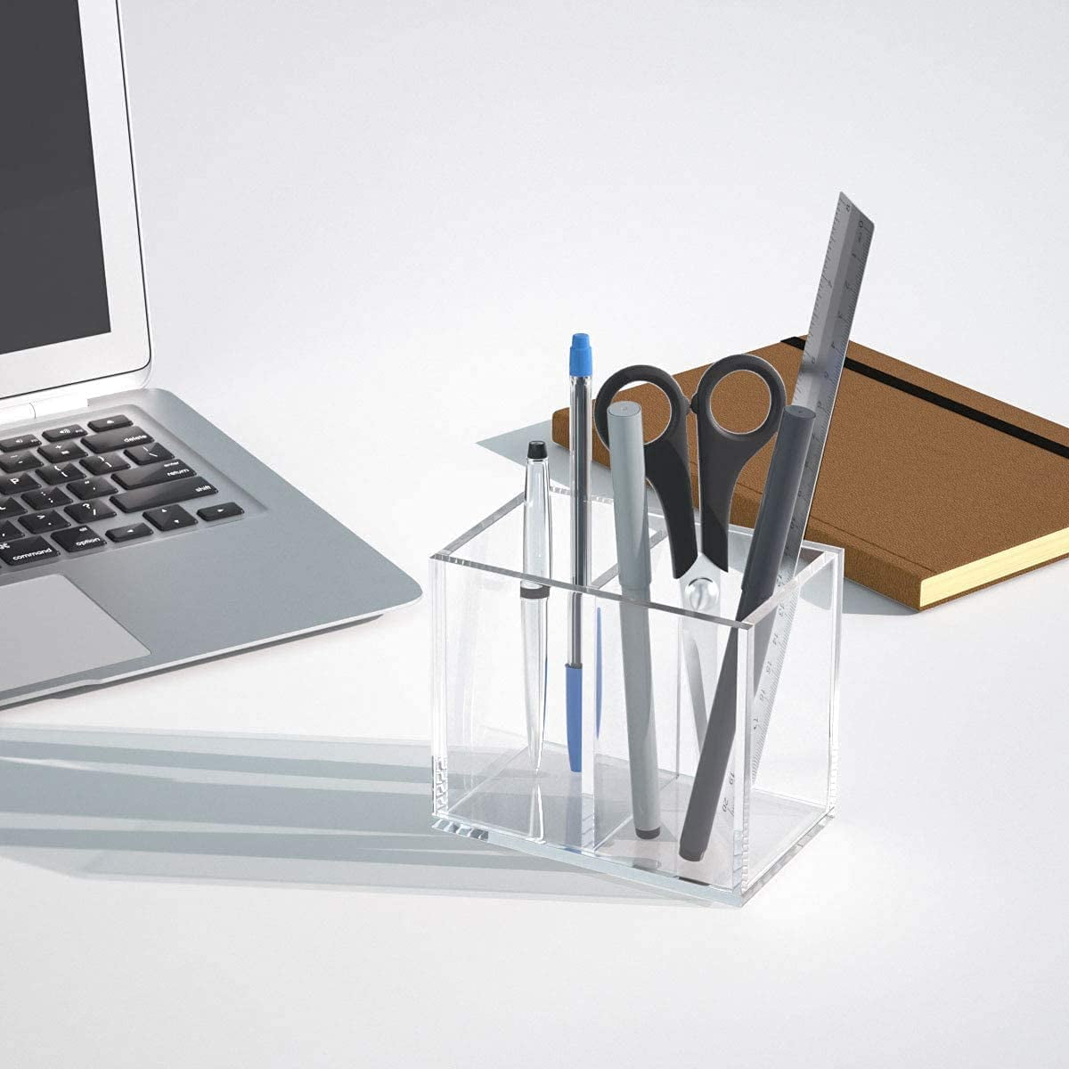 Acrylic Pen Holder 2 Compartments, Clear Pencil Organizer Cup for Countertop Desk Accessory Storage