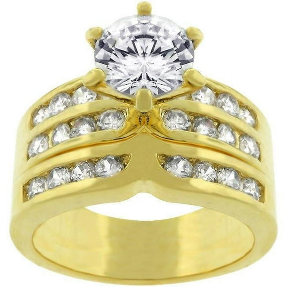Precious Stars R07524G-C01-10 Precious Stars Goldtone Round-Cut Cubic Zirconia Engagement Ring Set