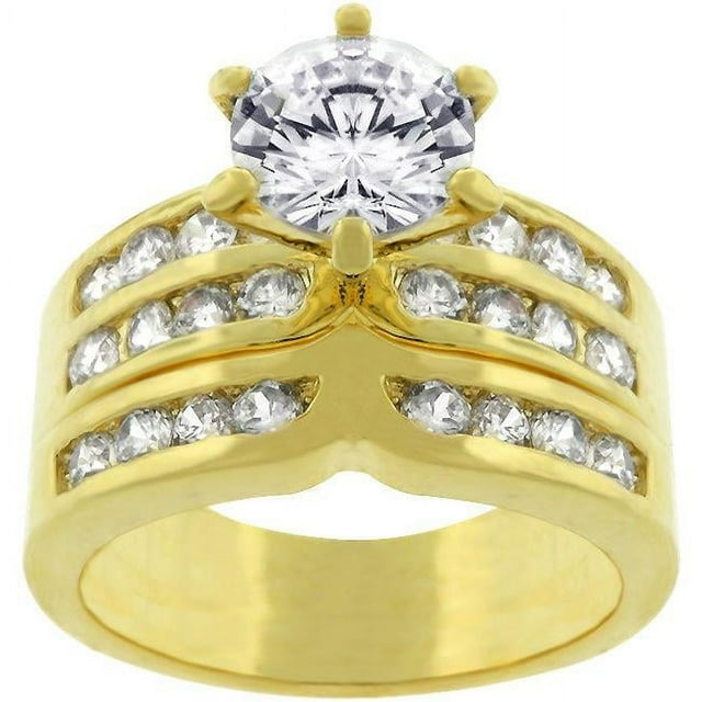 Precious Stars R07524G-C01-08 Precious Stars Goldtone Round-Cut Cubic Zirconia Engagement Ring Set