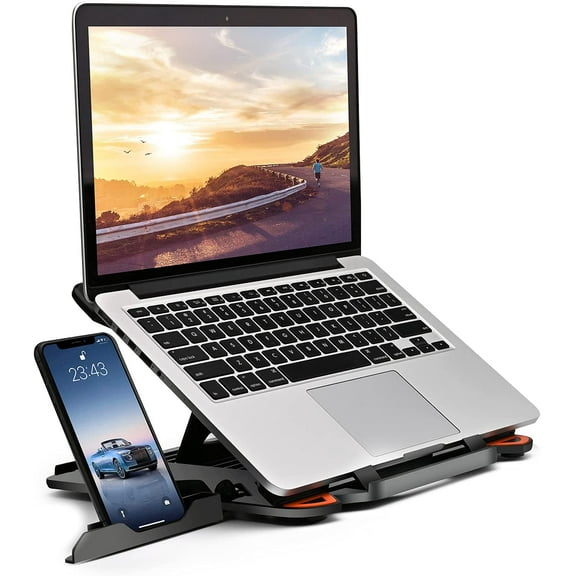 Ergonomic Adjustable Laptop Stand for Desk with Phone Holder & 360° Rotation - Foldable Portable Stand for 10-17" Laptops, MacBook Pro 16", Gaming Laptops, Tablets | Heavy-Duty & Ventilated Design