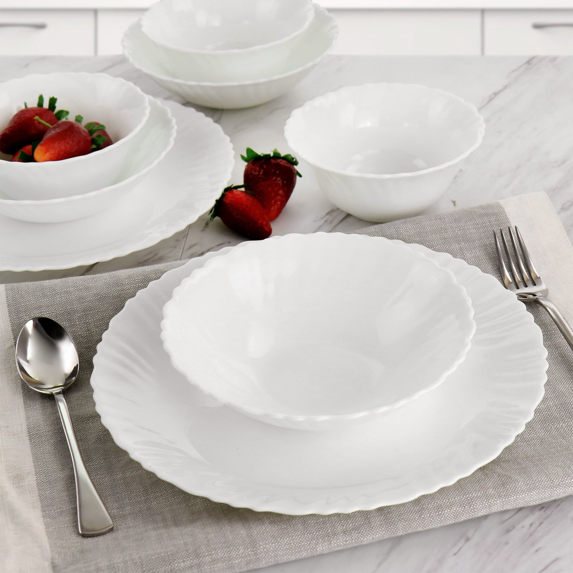 Gibson Ultra Radley 12 Piece Tempered Opal Glass Dinnerware Set in White