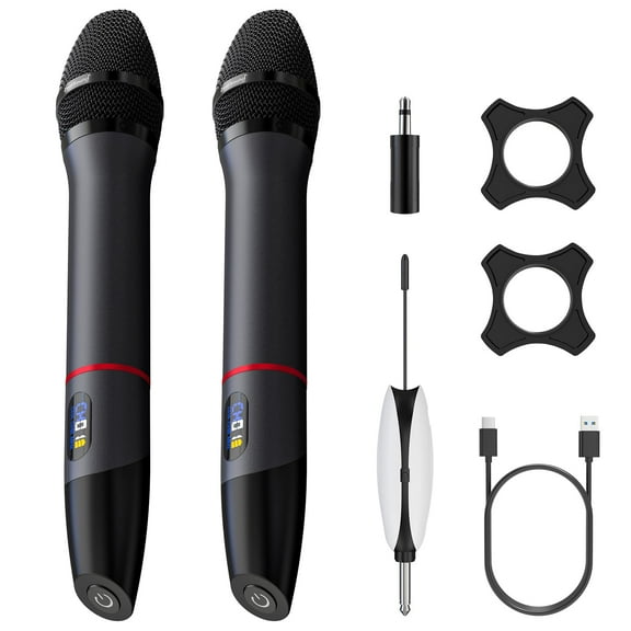 ZealSound UHF Wireless Microphone System-Metal Rechargeable Cordless Dynamic Mic,2 Handheld Mics with Auto Frequency Scan,LCD Display,200ft Range Professional for Karaoke,Church,Stage,Live