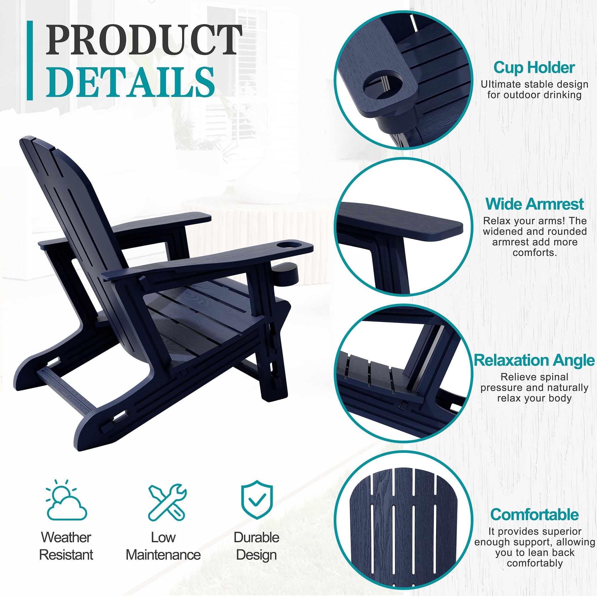 Walsunny Adirondack Chairs Set of 2 Fire Pit Chair Set with Connecting Tray Cup Holder Removable Tabletop,All-Weather HDPE Outdoor Chair Set for Patio Garden Lawn,Dark Blue