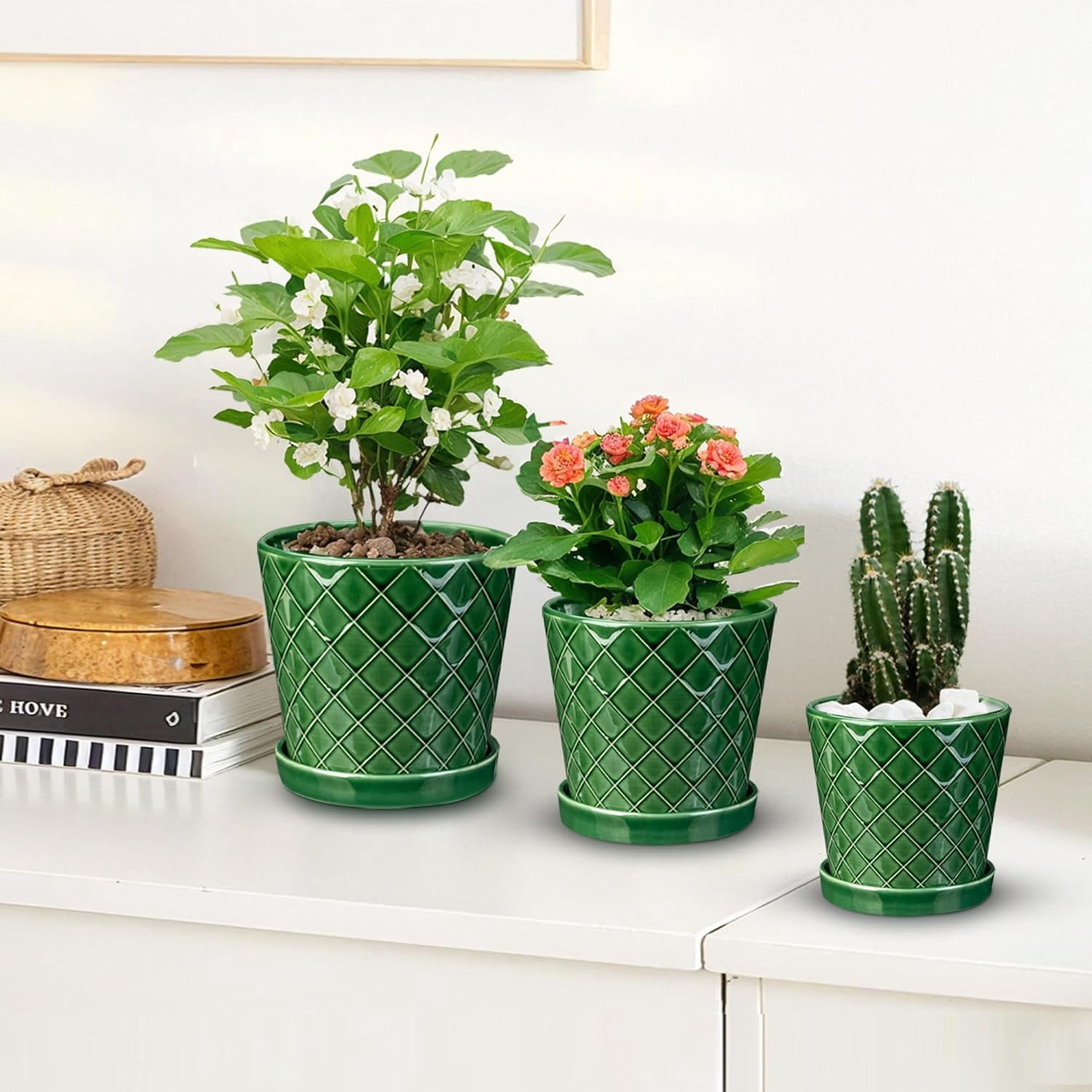BUYMAX 4",5",6" Dia Planter Set of 3, Modern Style Ceramic Plant Pots with Drainage Hole and Tray for Indoor Outdoor Patio, Emerald Green
