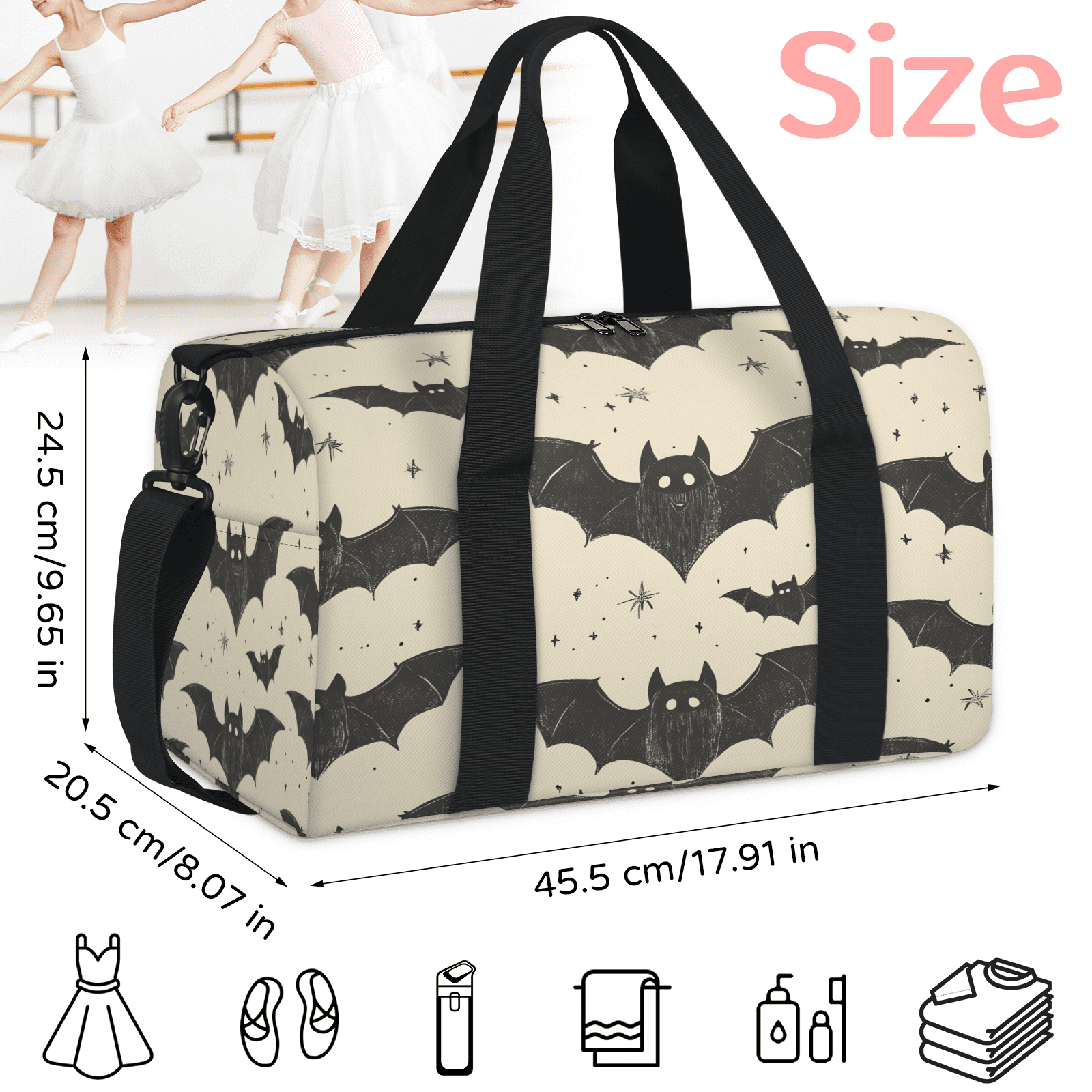 Herdesigns Bat Travel Duffle Bag Sports Yoga Weekender Overnight Carry on Workout Bags Lightweight Waterproof Gym Tote Bag for Women Black Bat