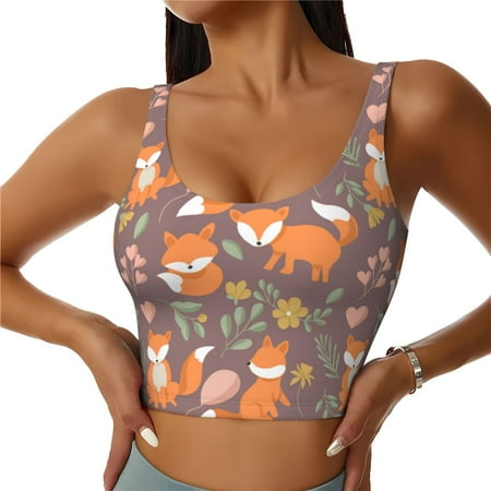 Adobk Cute Little Fox Print Sports Bras for Women Longline Workout Crop Tank Tops Padded with Built in Shelf Padded Sports Bra-Medium