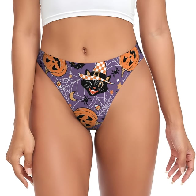 Balery Vintage Halloween Black Cat Tangas de Algodón para Mujer con Estampado – Ropa Interior Sexy, Transpirable, G-string-XX-Large
