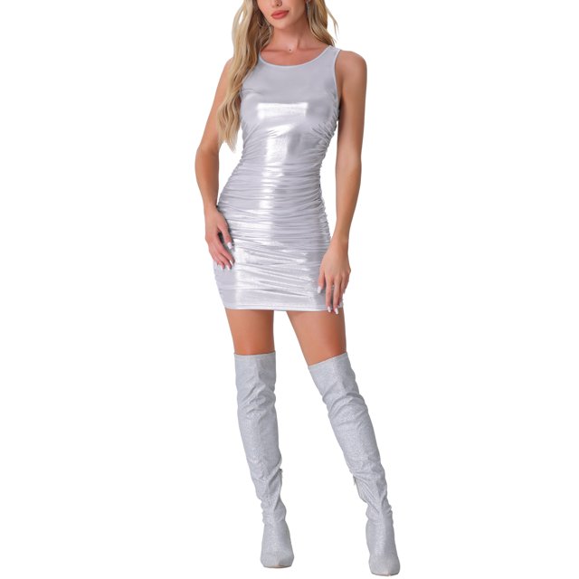 INSPIRE CHIC Robe Sans Manches Froncée pour Femmes Col Rond Métallique Moulante Robe de Soirée Mini m Argent
