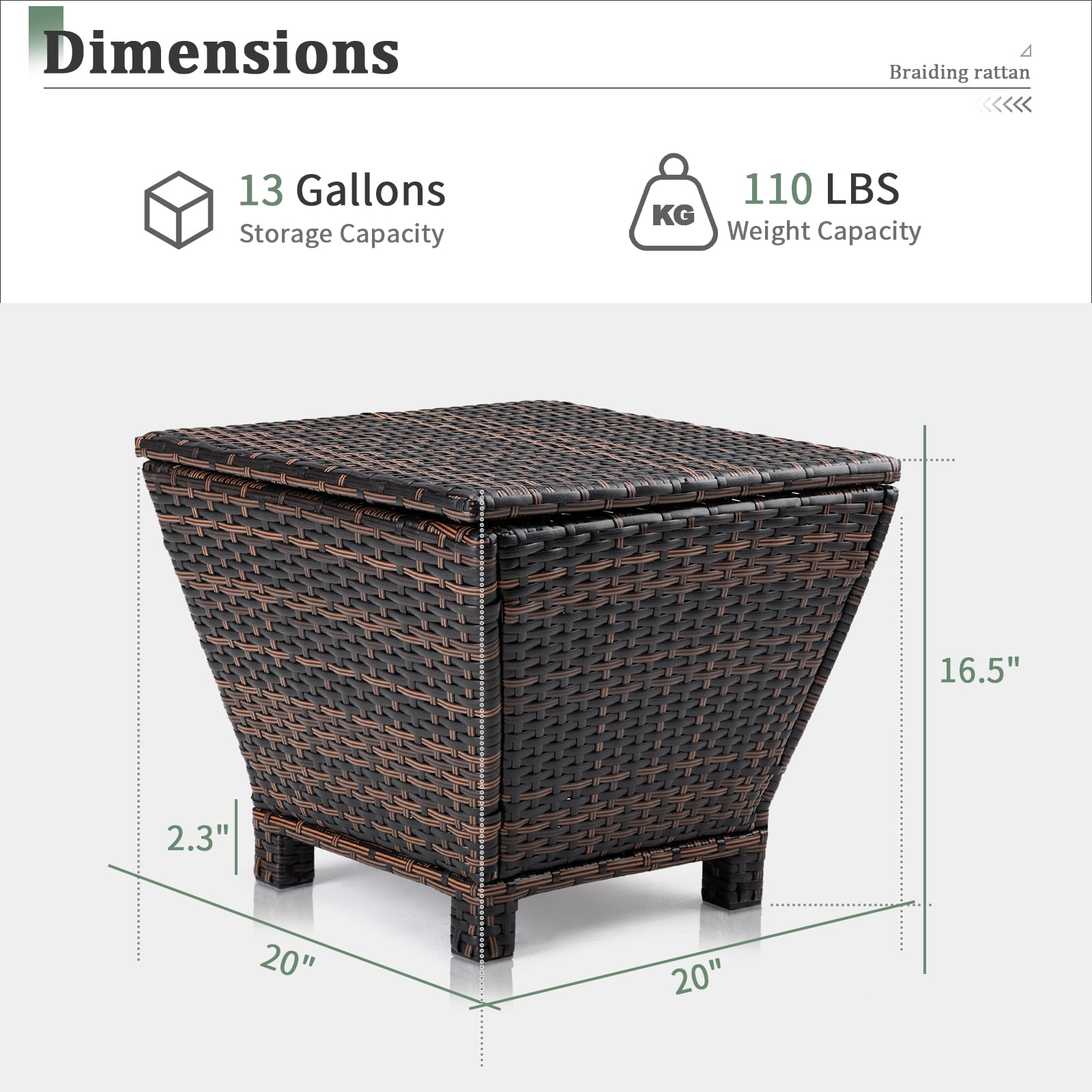 Brown Gradient Outdoor PE Rattan Storage Side Table 13 Gallon Weather Resistant Patio End Table With Pneumatic Lid Sturdy Iron Frame Garden Deck Accent Table