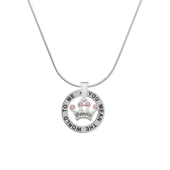 Delight Jewelry Silvertone Small ''Princess'' Crown with Pink Crystals Silver-tone You Mean the World to Me Ring Necklace, 18"