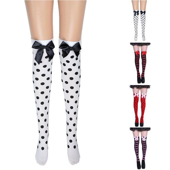 Xijirk Womens Polka Dot Thigh High Socks with Bow Decor Over The Knee Hosiery Black,One Size